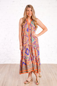 colorful patterned midi dress
