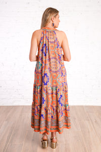 colorful patterned midi dress