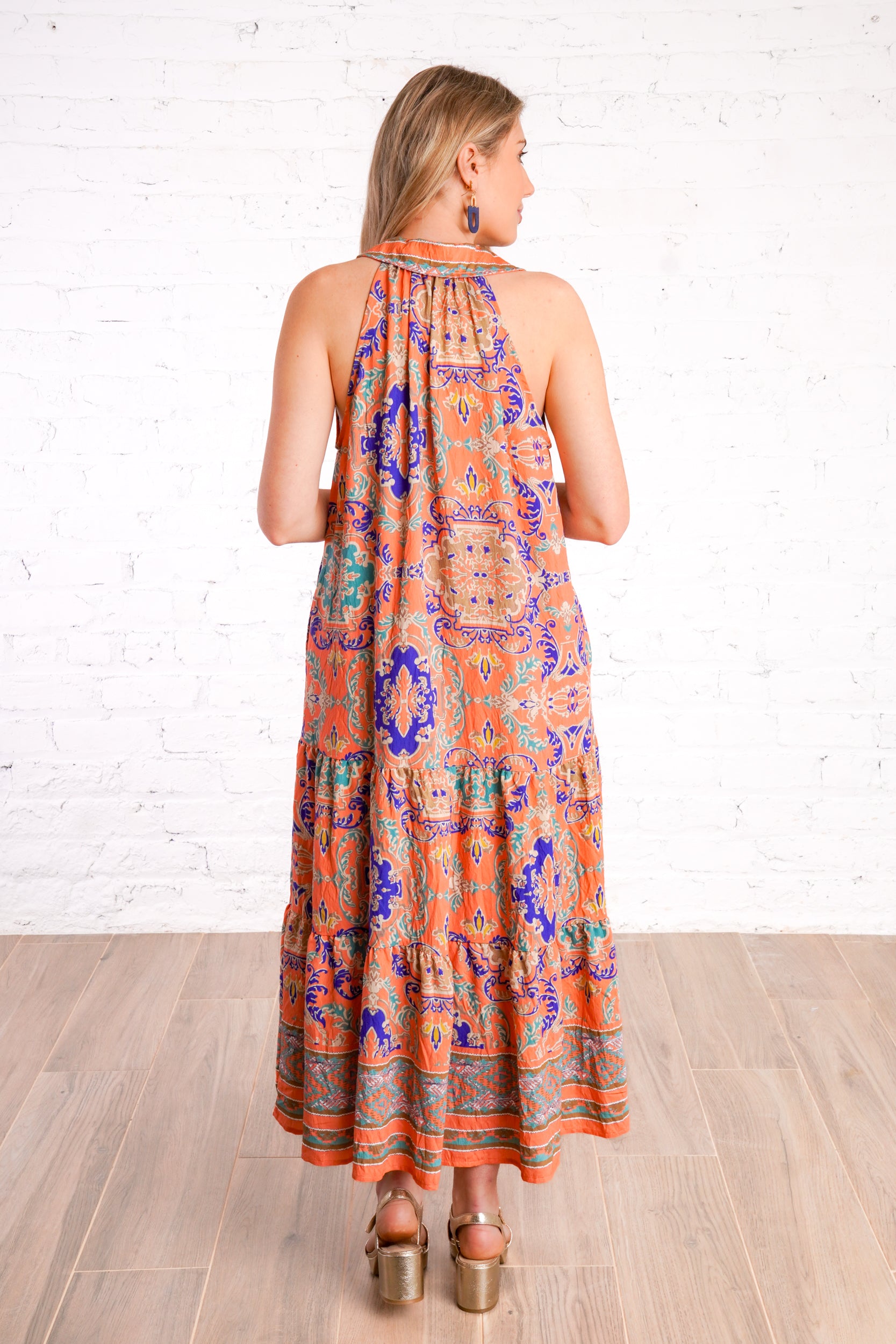 colorful patterned midi dress