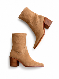 A pair of tan suede ankle boots with chunky brown block heels, shown from two angles on a white background.