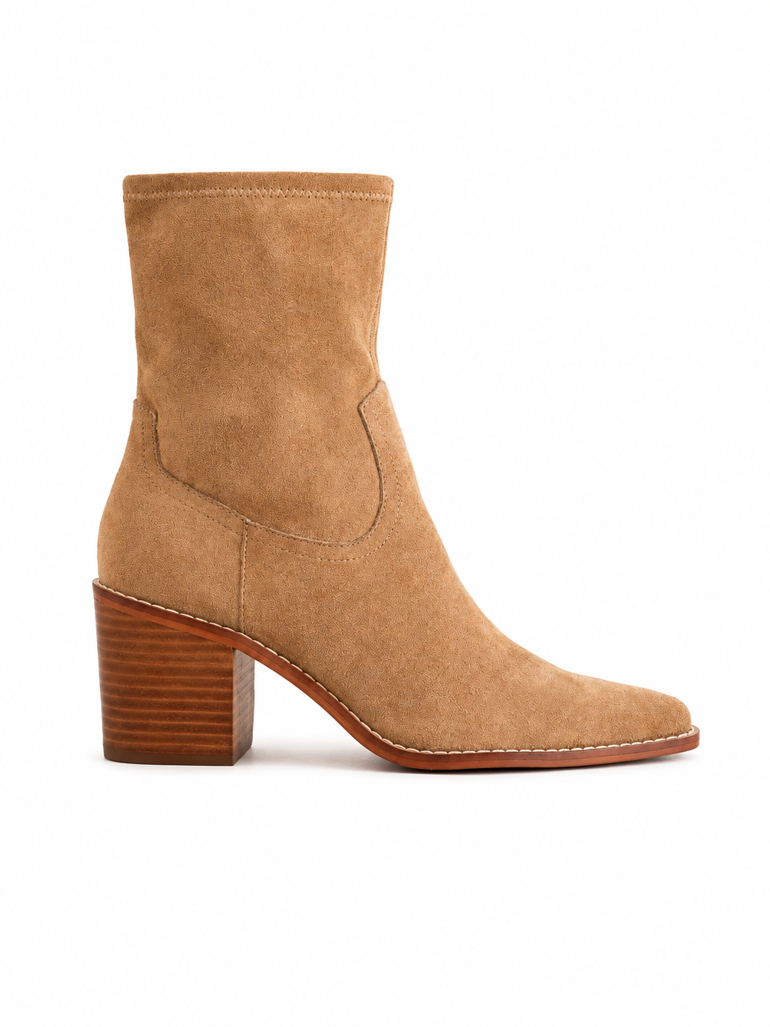 A tan suede ankle boot with a stacked wood-look block heel, shown in a side profile on a white background.